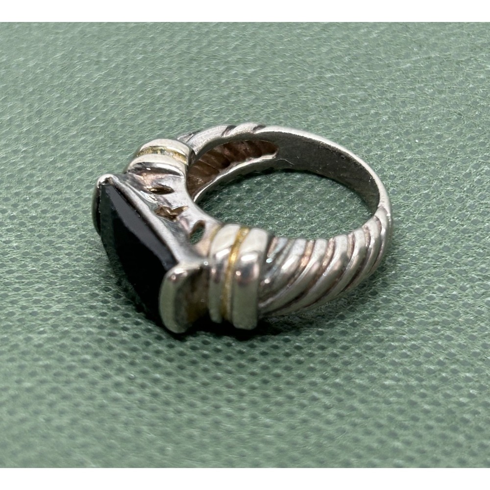 Vintage Faceted Black Onyx Rope Striped Sterling Silver Ring Size 7.5